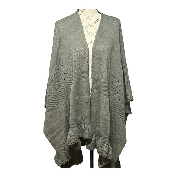Tea Green Chunky Open Knit Ruffle Shawl Wrap Lagenlook Winter Layering Piece OS - Picture 2 of 15
